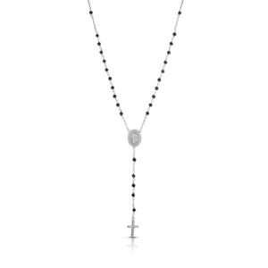 Collana rosario in argento 925 rose' con centrale medaglia miracolosa e croce pendente con cristalli AS0705
